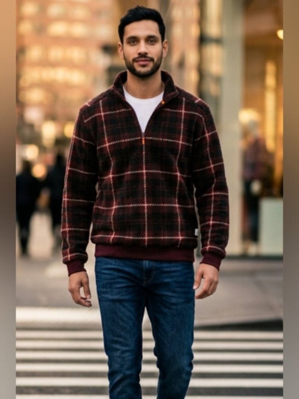 Frye & Co. Plaid Fleece Quarter Zip Pullover Men's SZ S Mock Neck Banded Waist